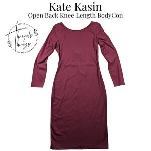 NWT Kate Kasin Bodycon Dress Women S Burgundy Knee length midi Open Back Holiday